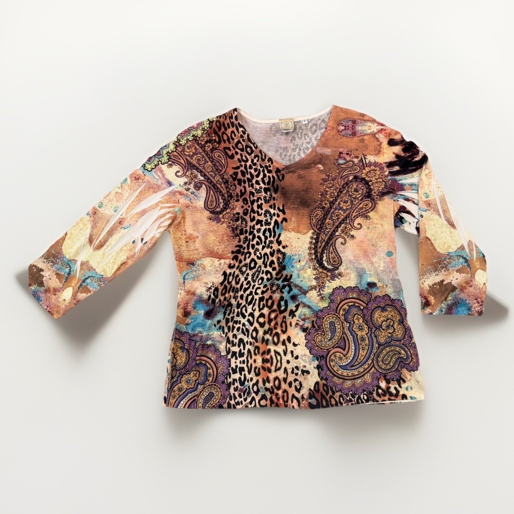 Jess & Jane Shirt Womens Large Multicolor Animal Paisley Rhinestone V-Neck Top